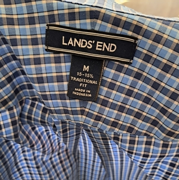 LAND'S END traditional fit plaid check button down shirt blue 15-15.5 - Picture 2 of 4